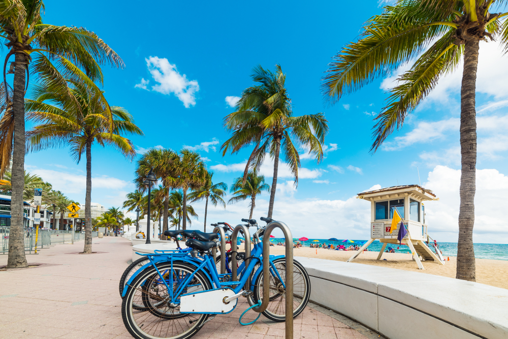 Florida beachside boardwalk with bicycles